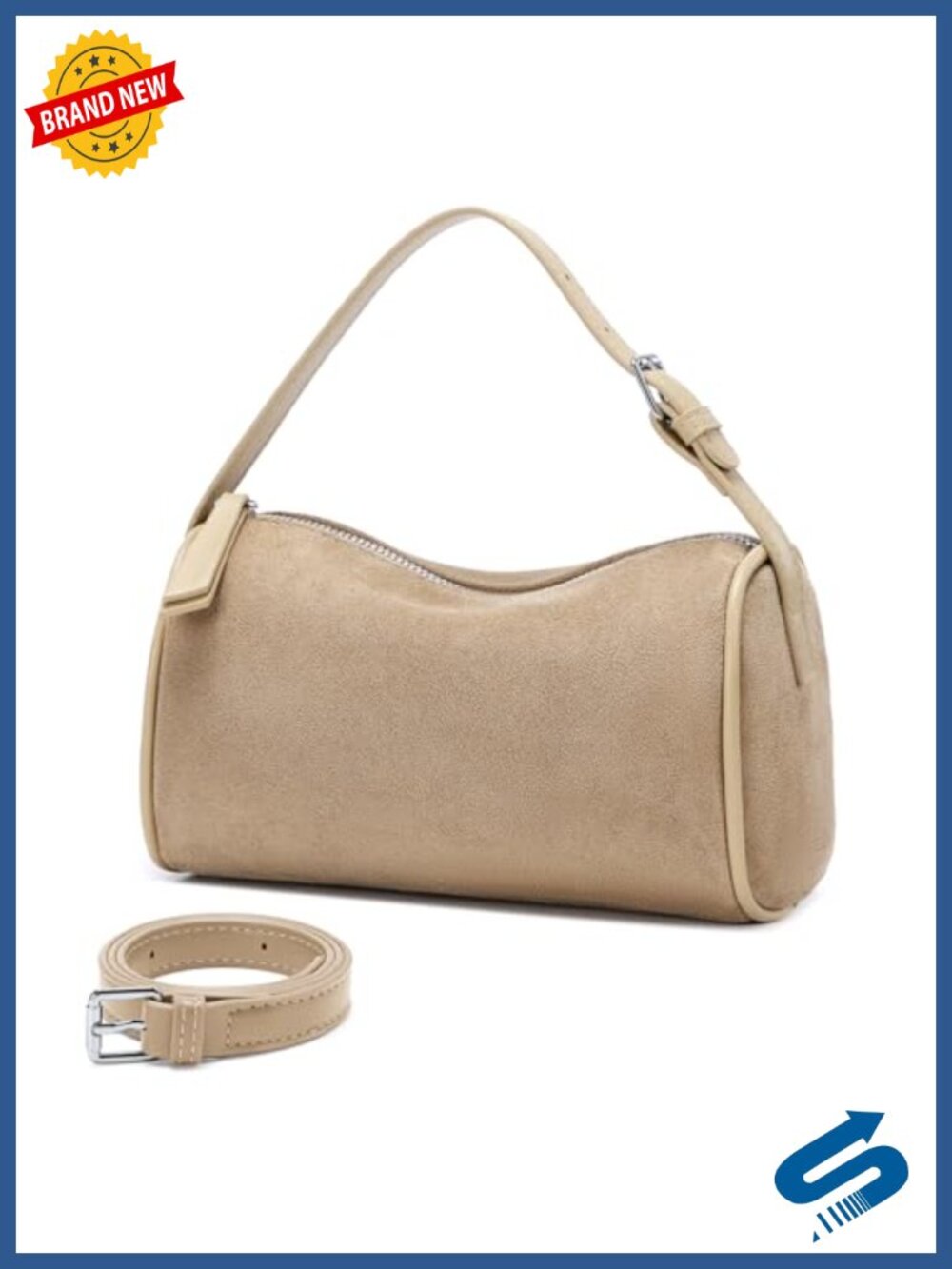 Faux Suede Crossbody Bag - Small Barrel Hobo Purse with Adjustable Strap